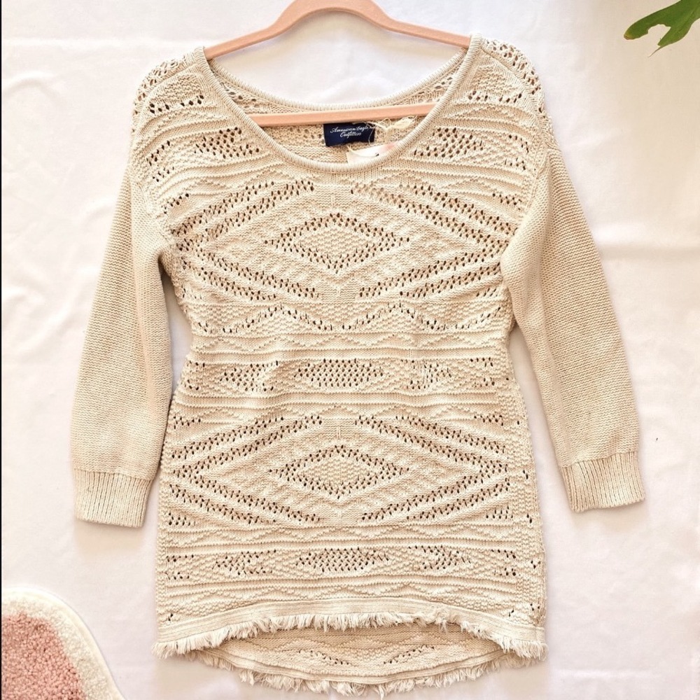 American Eagle Open Knit Sweater Scoop Neck Bohemian Womens Small Cream PreLoved